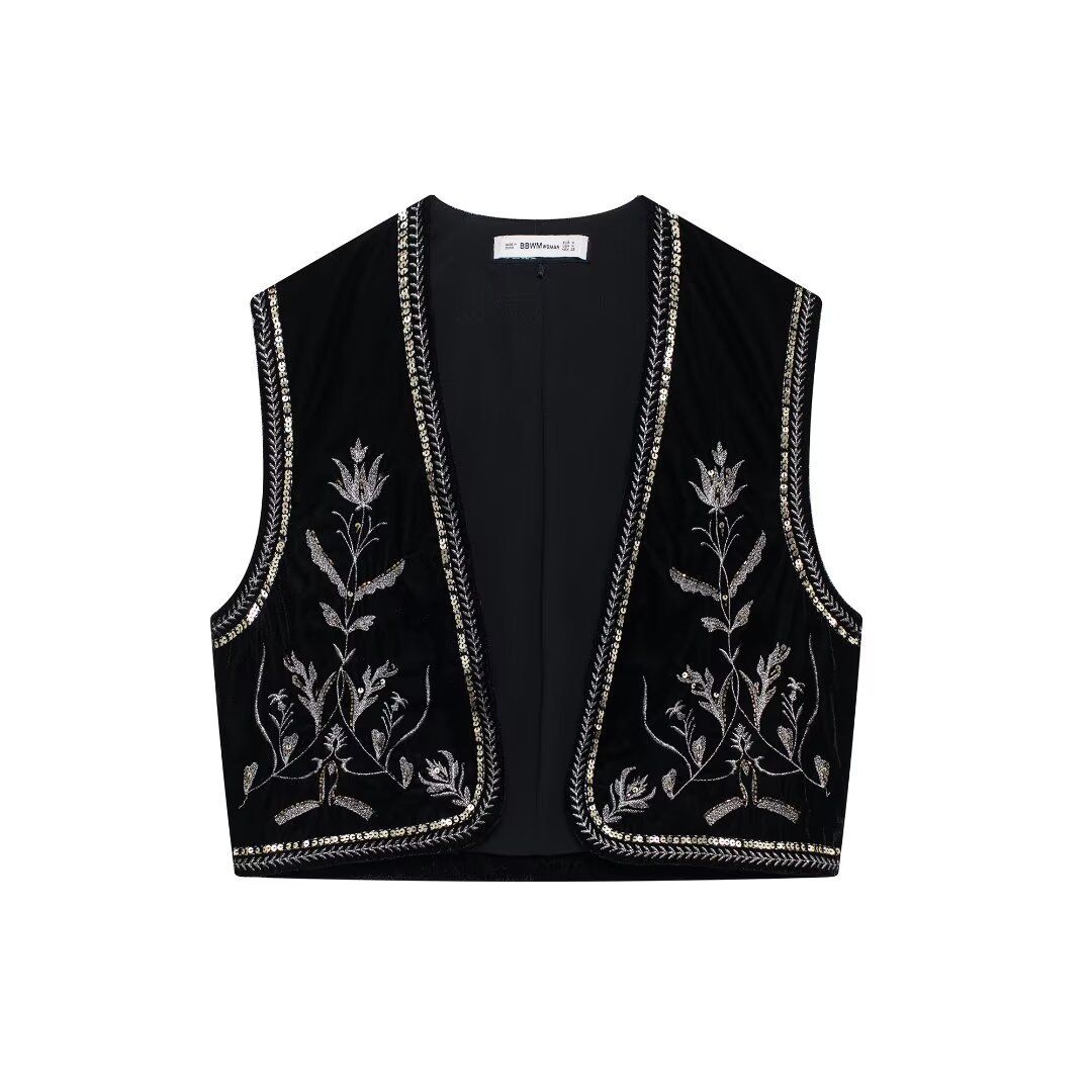 Aria Basics Aria Basics Velvet French Retro Niche Embroidered Short Vest For Women, 2025 European And American Style Spring New Arrival_ecoleips.com