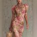 K New Bubble Sleeve Printed Slim Fit Long Dress With Fashionable Pleated Design. No Necklaces Or Other Accessories_ecoleips.com