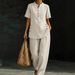 New Women's Clothing Distressed Retro Cotton Linen Two Piece Set Loose Fitting Button V Neck Casual Suit_ecoleips.com