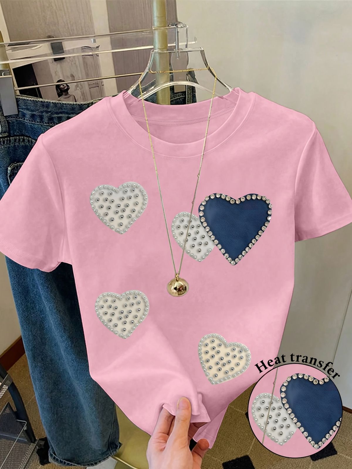 Pearl & Rhinestone Heart Women's Tee - Faux Pearl Heart Graphic, Casual Pink Top_ecoleips.com