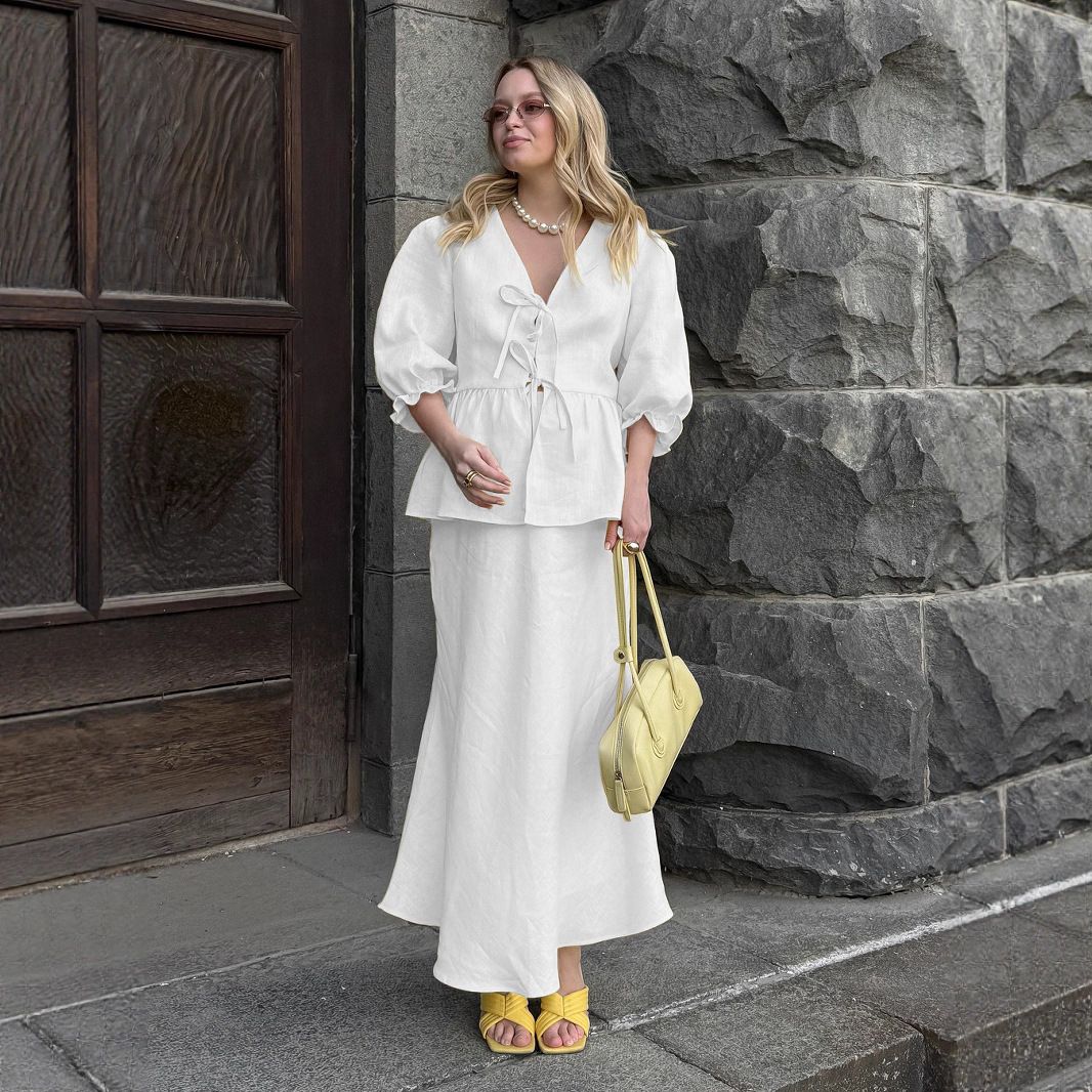 Women's Clothing V Neck Short Sleeved Maxi Skirt Suit Summer New Ruffled Skirt Suit_ecoleips.com