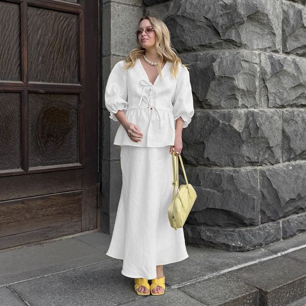 Women's Clothing V Neck Short Sleeved Maxi Skirt Suit Summer New Ruffled Skirt Suit_ecoleips.com