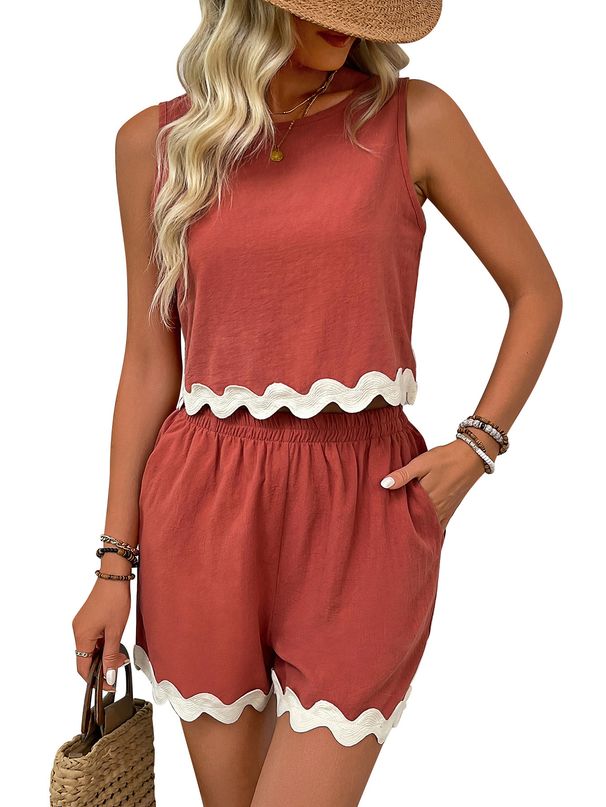 Women's Clothing Two Piece Linen Lace Round Neck Vest Short Top Shorts_ecoleips.com