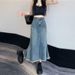 Distressed Denim Mermaid Skirt Women's High Waist A-Line Flared Hem Mid-Length Wrap Skirt For Casual & Office Wear_ecoleips.com