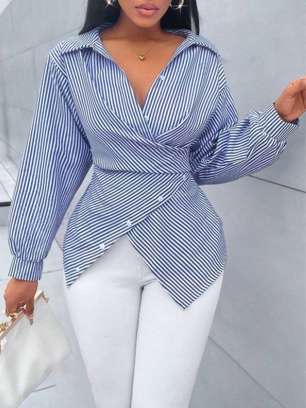 Women's Clothing Spring And Summer Fashion Sexy Versatile Striped Long Sleeved Shirt_ecoleips.com