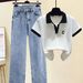Women's Clothing Short Sleeved T Shirt Polo Shirt High Waisted Denim Wide Leg Pants Two Piece Suit_ecoleips.com