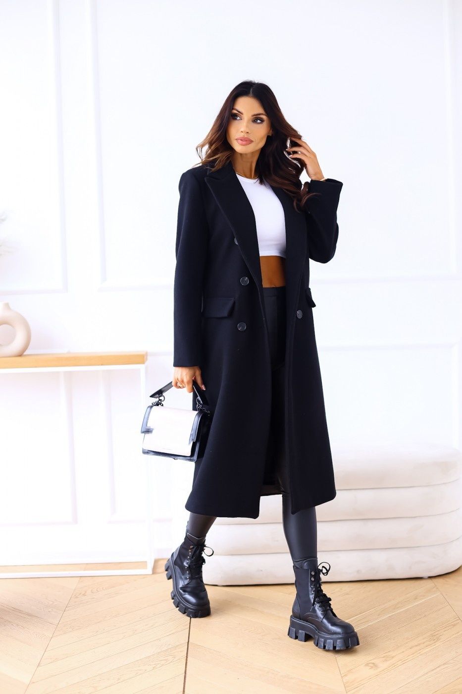 "Double-Breasted Wool-Blend Coat - Elegant Longline Trench With Notched Lapel & Timeless Button Detail, Premium Polyester For All-Season Wear_ecoleips.com