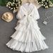 Women's European Style Light Luxury Design Rhinestone Lantern Sleeve Dress Heavy Duty Waist Cinching Slimming Puffy Ruffle Long Skirt_ecoleips.com