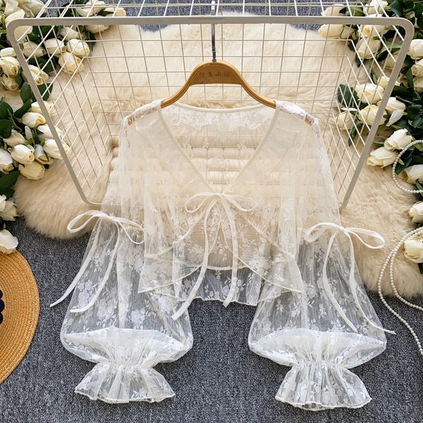 Women's Lace Trimmed Belted Cardigan Sweet Style Korean Thin Sun Protection Lantern Sleeve See through Summer Top for Commuting_ecoleips.com