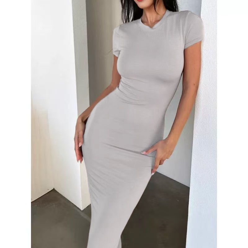 Women's Solid Color Slim Fit Short Sleeve Fashion Dress Elegant Hip Hugging European American Style Spring/Summer_ecoleips.com