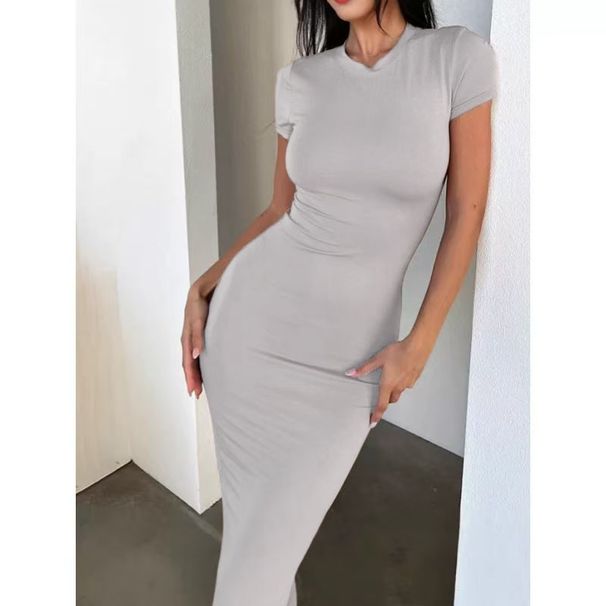 Women's Solid Color Slim Fit Short Sleeve Fashion Dress Elegant Hip Hugging European American Style Spring/Summer_ecoleips.com