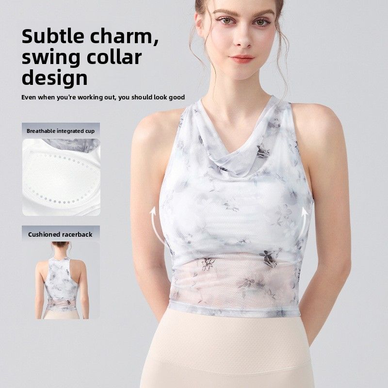 European And American Tie-dye Print Design Sense Sports Vest With Chest Pad Swinging Collar Halterneck Mesh Mesh Fitness Yoga Wear Outside_ecoleips.com