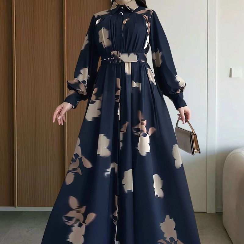 Women's Clothing Waist Slimming Autumn Floral Print Belted Midi Dress – Long Sleeve Tunic Dress With Collar (S-XL, Modest & Stylish For Women)_ecoleips.com