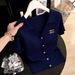 Women's Korean-Style Short-Sleeve Knit Top – Slim-Fit Lapel Collar, Breathable & Elegant (Navy/Beige/Gray/Black, One-Size Fits 90-135 Lbs)_ecoleips.com