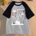 Summer New Cute Cartoon Cat Short-sleeved T-shirt For Women Casual Large Size Round Patchwork Top_ecoleips.com