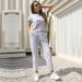 New Short Sleeve Gray Striped Round Neck Casual Suit Women's Summer_ecoleips.com