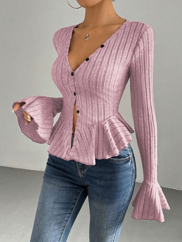 Elegant V-Neck Ruffle Blouse – Flared Sleeve Tunic Top For Women (S-XL, 5 Colors)_ecoleips.com