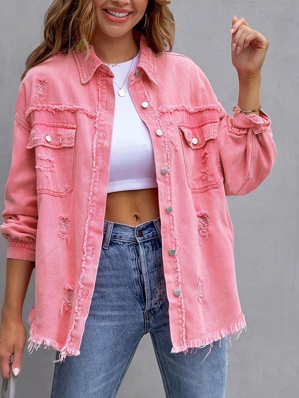Women's Distressed Denim Jacket Oversized Long Sleeve Casual Shirt Coat In Solid Colors_ecoleips.com