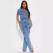 Women's Clothing Tight Waist Slim Elastic Fried Flower Washed Denim Jumpsuit Jumpsuit Flared Pants_ecoleips.com