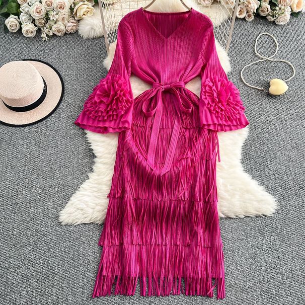 Women's Clothing High Class Lady Elegant Pleated Flower Trumpet Sleeve Dress Female Tie Waist Slim Tassel Long Skirt_ecoleips.com
