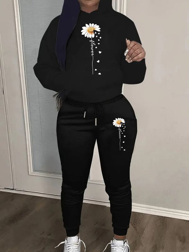 Women's Autumn And Winter Casual Fashion Sunflower Cross Pattern Printed Thick Velvet Warm Hooded Sweatshirt+sweatpants Set-674_ecoleips.com
