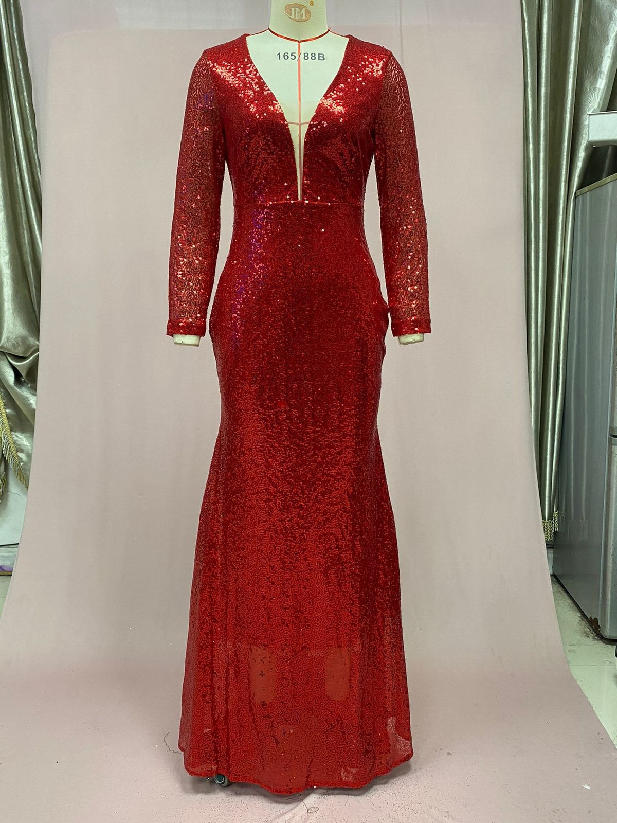 Women's Clothing Women's Dress Fishtail Edge Red Sparkling Long Sleeve V Neck Dress Long Skirt_ecoleips.com