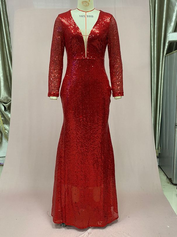 Women's Clothing Women's Dress Fishtail Edge Red Sparkling Long Sleeve V Neck Dress Long Skirt_ecoleips.com