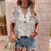Women's Printed Short Sleeve Shirt With Unique Button Detail, Flowy V-Neck Blouse For Casual Wear Comfortable Relaxed Fit_ecoleips.com