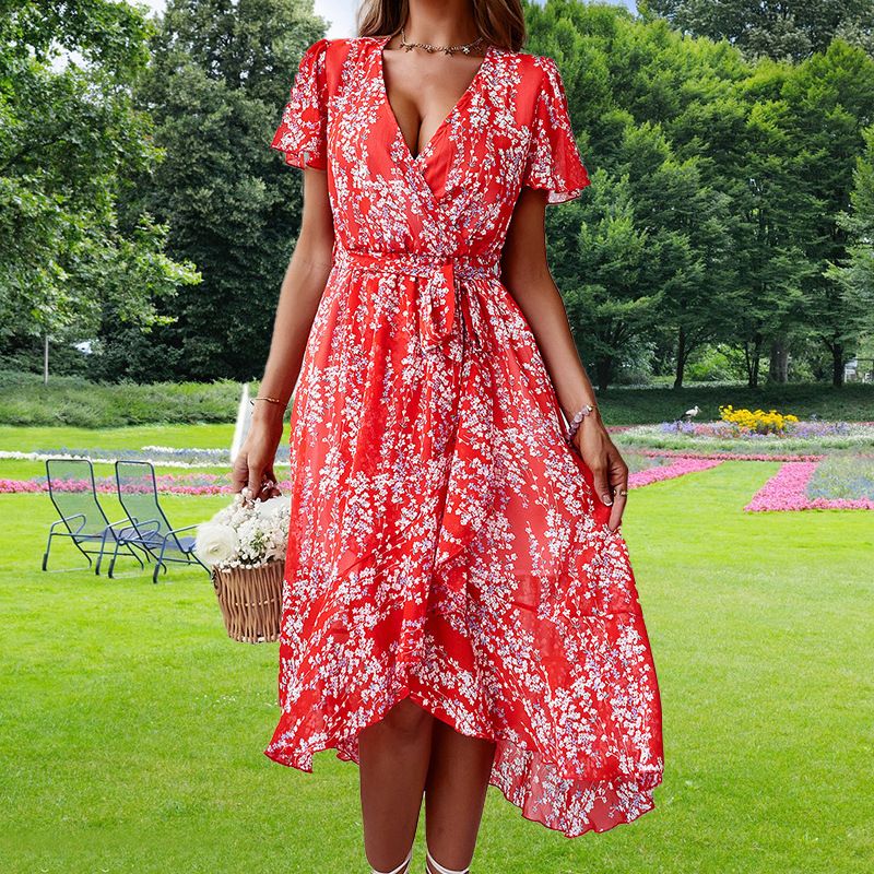 Women Simple Versatile Dress Classic V‑Neck With Short Sleeve For Daily Casual Occasions_ecoleips.com
