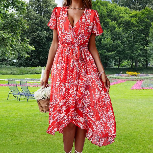 Women Simple Versatile Dress Classic V‑Neck With Short Sleeve For Daily Casual Occasions_ecoleips.com