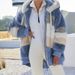 Women's Clothing autumn and winter warm plush patchwork zipper pocket hooded loose coat _ecoleips.com