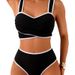 Women's High-Waisted Pleated Bikini Set Black And White Striped Two Piece Swimsuit with Bow Tie at the Back_ecoleips.com