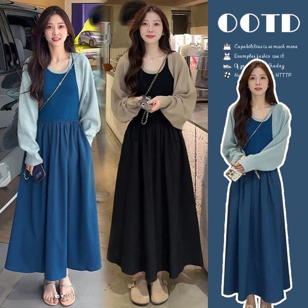 Autumn New Korean Fashion Knitted Cardigan Patchwork Two-Piece Maternity Dress_ecoleips.com