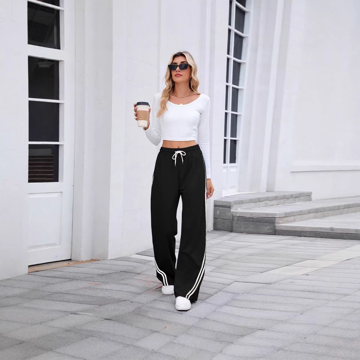 Women's Vintage Side Stripe Color Block Wide Leg Sweatpants – Loose Fit Slimming Casual Sport Pants For Spring 2026_ecoleips.com