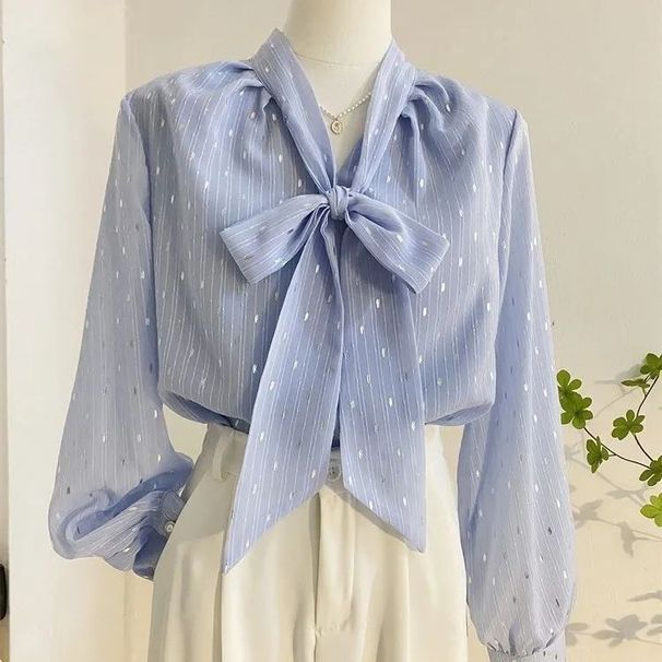 Women's Chiffon Blouse Bow Tie Spring Loose Fit Lantern Sleeve Long Sleeve Top Versatile Elegant Fashion England Style_ecoleips.com