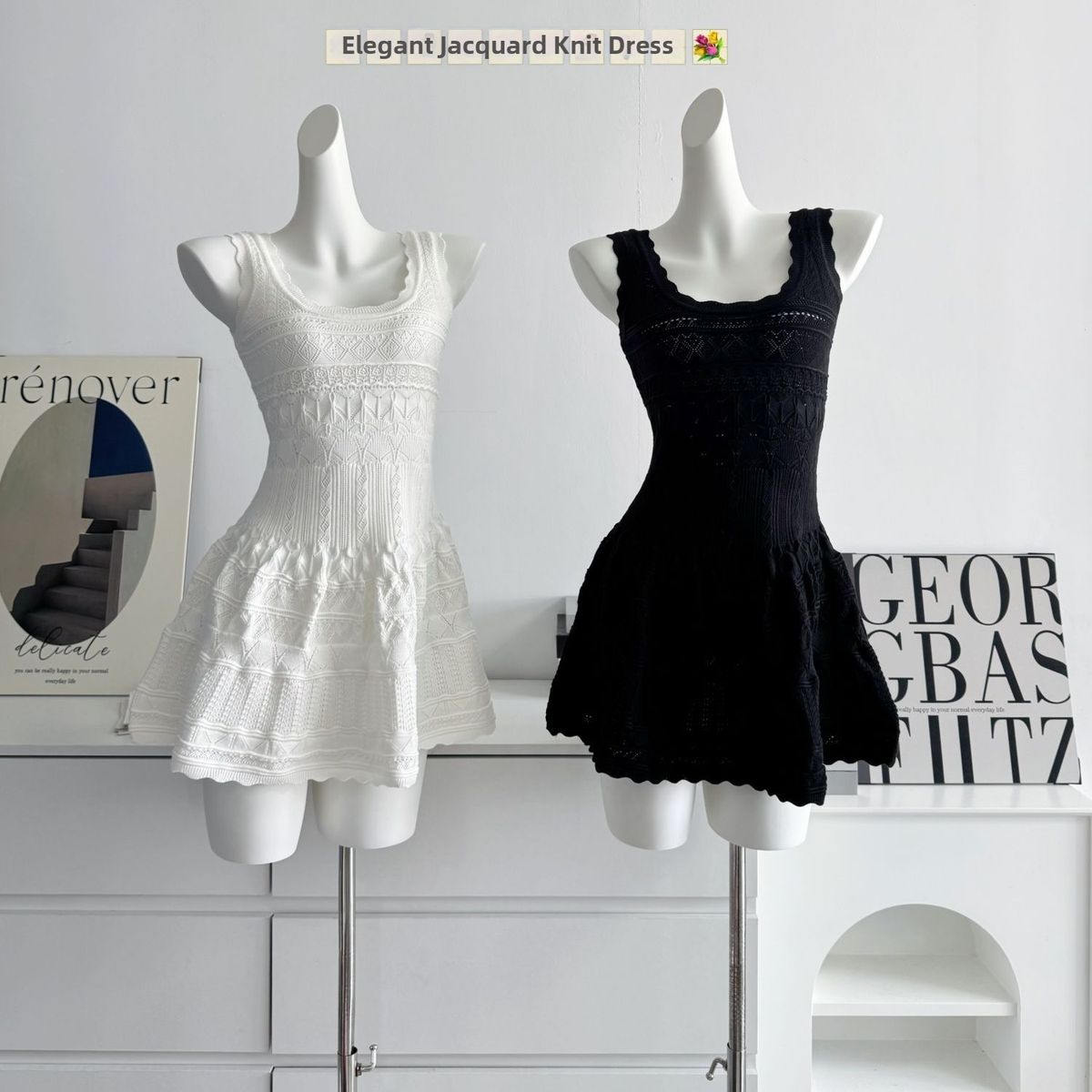 Pure White Knitted Camisole Dress Hollow Out Jacquard Alluring Style Waist Cinching Vest Skirt Summer New_ecoleips.com