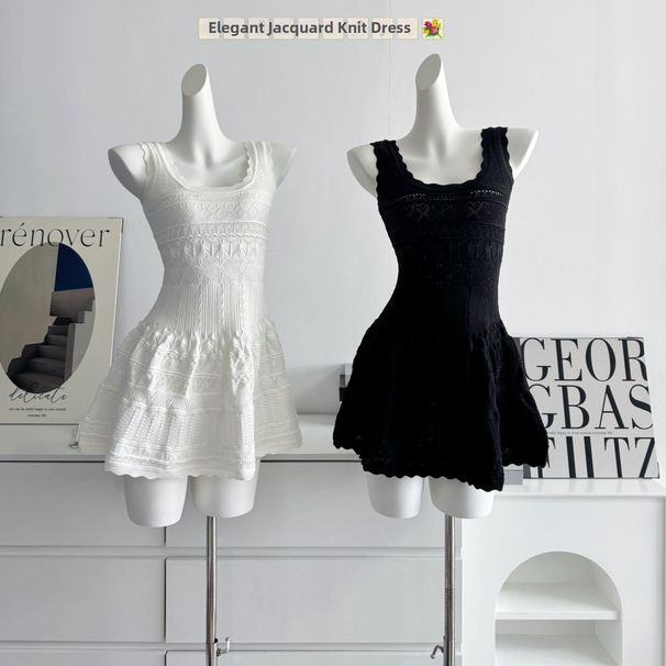 Pure White Knitted Camisole Dress Hollow Out Jacquard Alluring Style Waist Cinching Vest Skirt Summer New_ecoleips.com