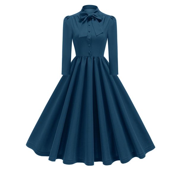 Women's Long Sleeved Dress French Bow 50s Large Flared Skirt Autumn New Style Cross Border European American Women's Dress_ecoleips.com