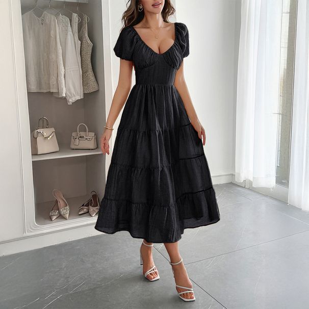 Elegant Puff Sleeve Long Dress Women Casual Wedding Guest Party Vacation Wear_ecoleips.com