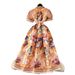 Women's Clothing Palace Style V Neck Tie Waist Mesh Puff Sleeves Printed Long Swing Dress_ecoleips.com