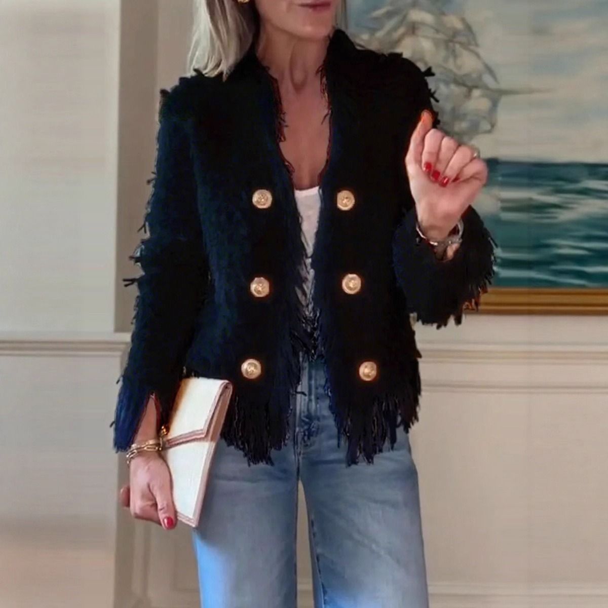 Boho-Chic Fringe Blazer For Women – Polyester Draped Jacket With 3D Texture & Tassel Details (XS-3XL)_ecoleips.com