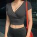 Summer Solid Color V-neck T-shirt, Women's Short Sleeved Sexy Navel Exposed Casual Top For Women_ecoleips.com