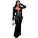 C6827 Cross-Border European And American Fashion Women's Solid Color Sexy Rhinestone Sleeve Long Dress_ecoleips.com