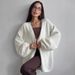 Oversized Alpaca-Style Cardigan Coat Longline Knit Duster With Lantern Sleeves ( Warm Winter Layering Essential In White/Charcoal)_ecoleips.com