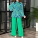 Women's clothing fashion pleated temperament puff sleeve shirt high waist wide leg pants suit_ecoleips.com