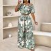 Chappesley Vintage Print Two Piece Set for Women off Shoulder Puff Sleeve Crop Top High Waisted Wide Leg Pants Drawstring_ecoleips.com