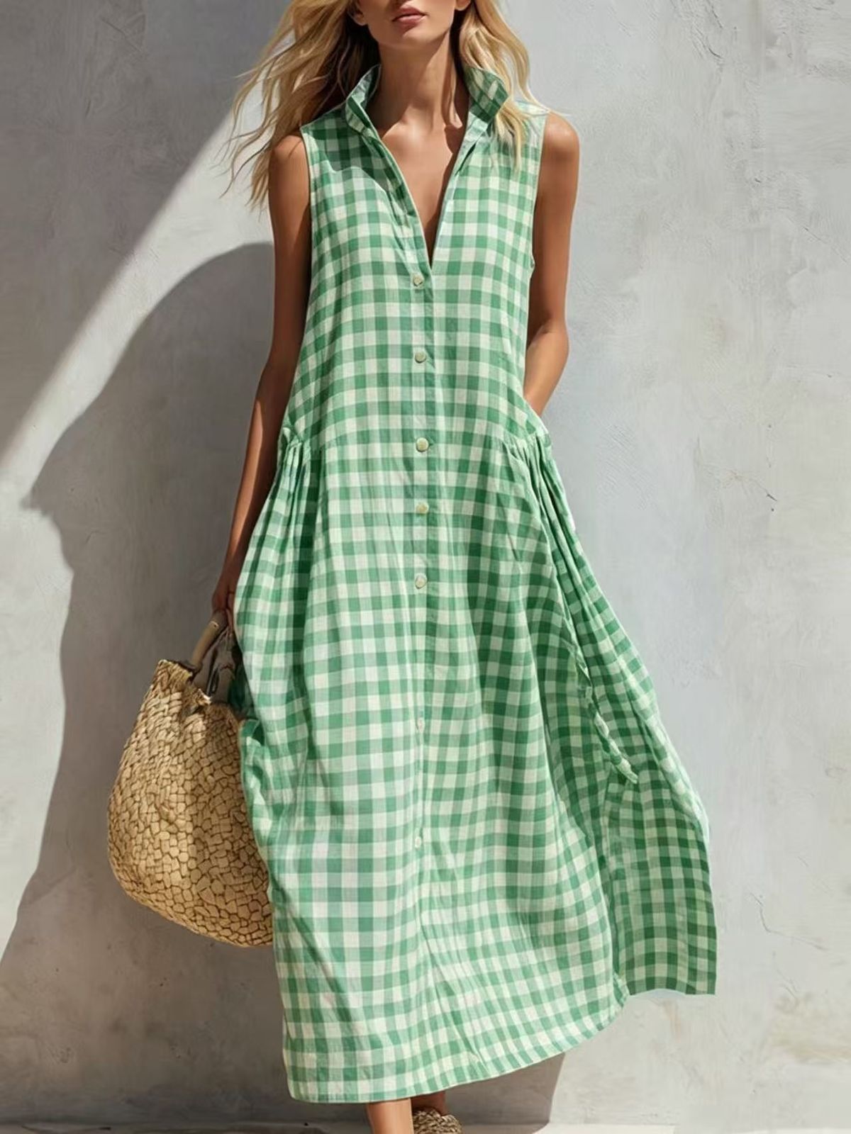 Summer Style Women's Dress Loose Comfortable Sleeveless Plaid Pattern_ecoleips.com