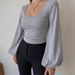 cross-border Women's Light Floral Gray Solid Color Square-neck Lantern Sleeve U-neck Sexy Slim-fit Top_ecoleips.com