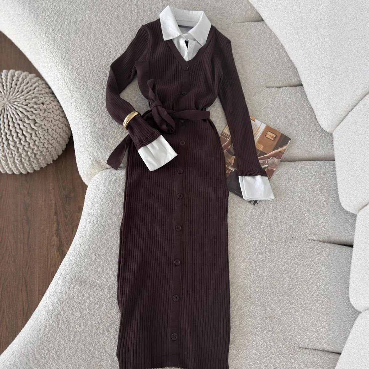 Oversized Knit Dress With Belted Waist & Shirt Collar | Fall 2025 Casual Tunic Sweater Dress (XS-XXXL, Coffee/Beige, Poly-Spandex Blend)_ecoleips.com
