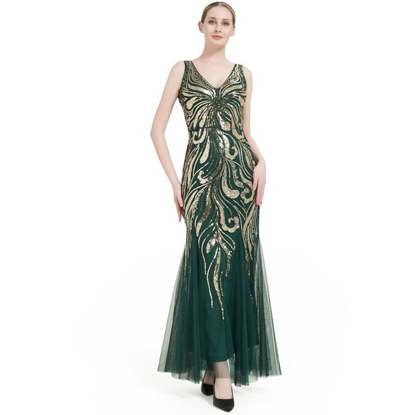 Women's retro sequined mesh elegant dress, party deep V-neck sexy long wedding dress for women_ecoleips.com